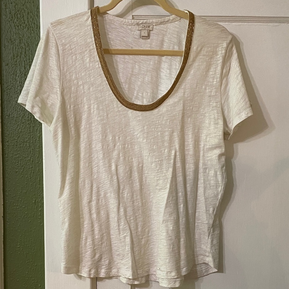 J. Crew Cream Short Sleeve Scoop Tee with Gold Neck Trim